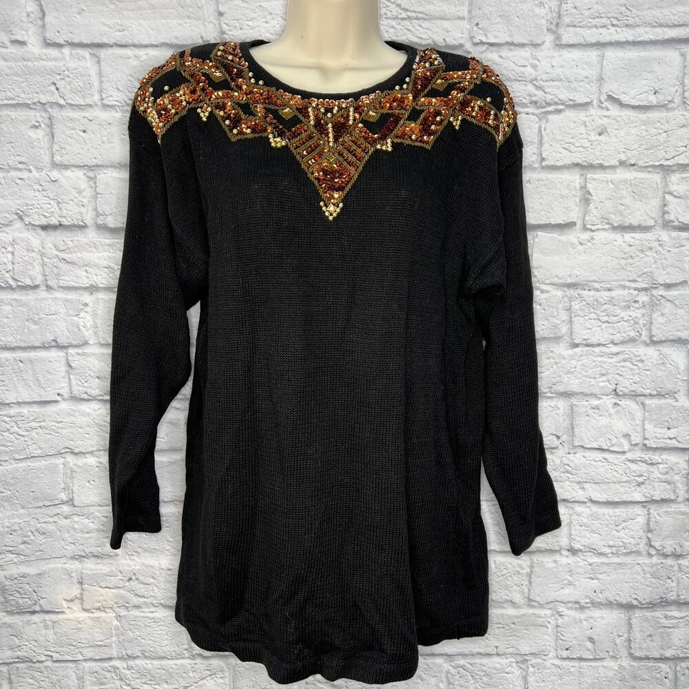 Vintage Trimmings Beaded Sequin Sweater Womens L Rose Gold Long Sleeve Holidays